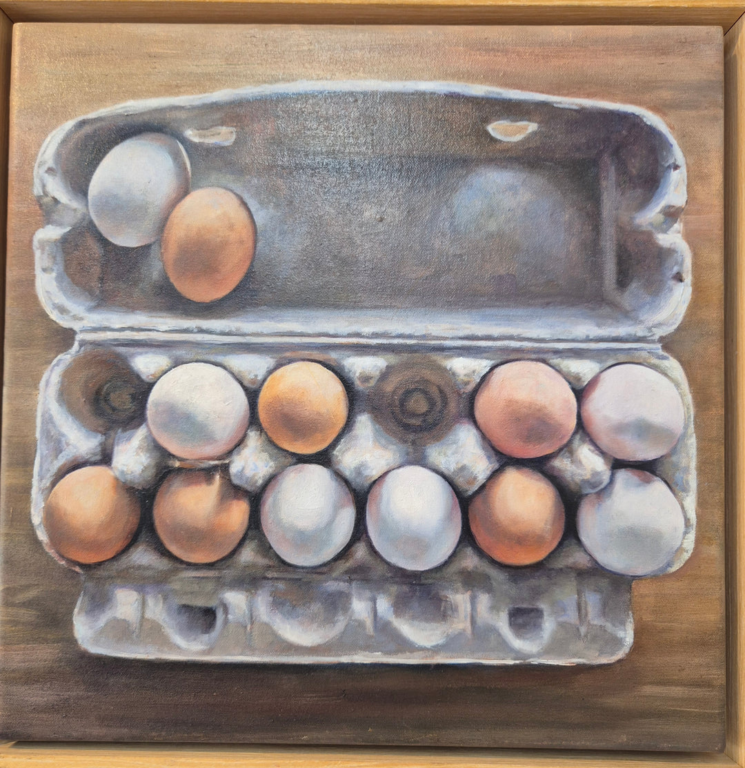 Art by Megan Roodenrys "Dozen Eggs" Oil on Polycotton, framed 30cm x 30 cm