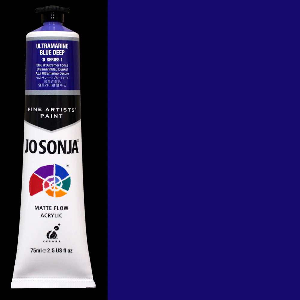 Jo sonja Ultramarine Blue Deep matte flow acrylic paint shown next to a large solid blue color swatch representing the paint color.