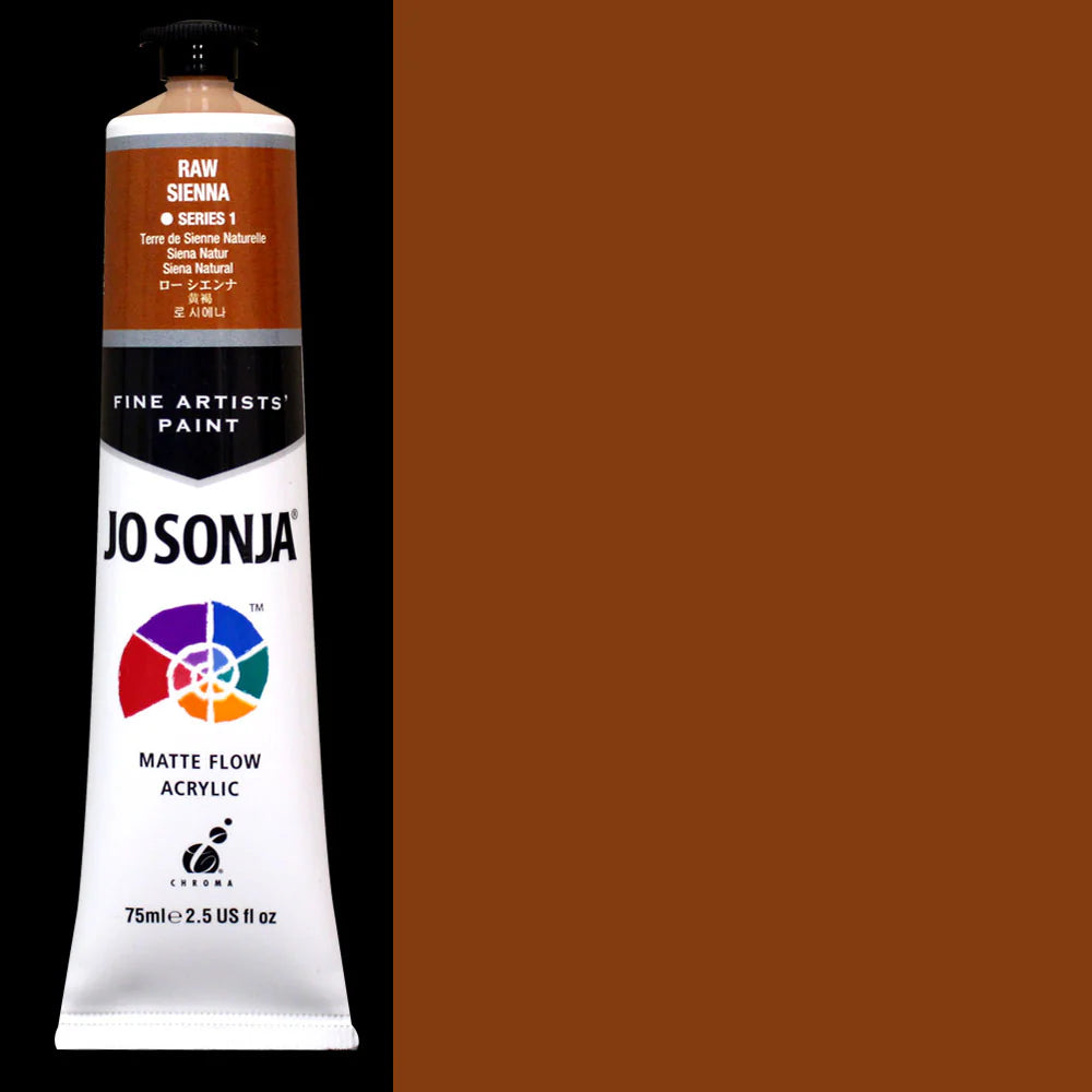 Jo Sonja Raw Sienna matte flow acrylic paint shown next to a large solid brown color swatch representing the paint color.
