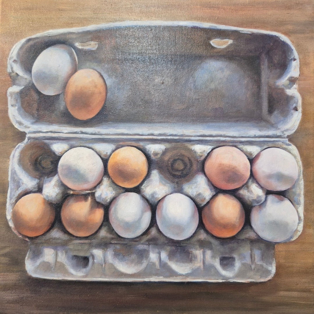 original oil painting of eggs by Megan Roonenrys - Duthy Street Art Supplies