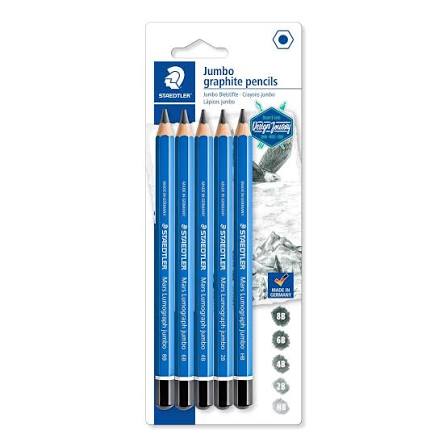 A retail pack of four Staedtler Lumograph Jumbo graphite pencils in a 5 pack.