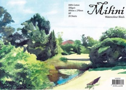 Milini Watercolour BLOCK 100% HOT PRESS Cotton 19 x 27cm 20 Sheets