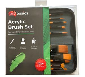Acrylic Brush Set in Wallet - 10 Various Premium Nylon Brushes PLUS Brush Wallet by ART BASICS